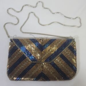 Le Regale Gold and Blue Beaded Evening Clutch